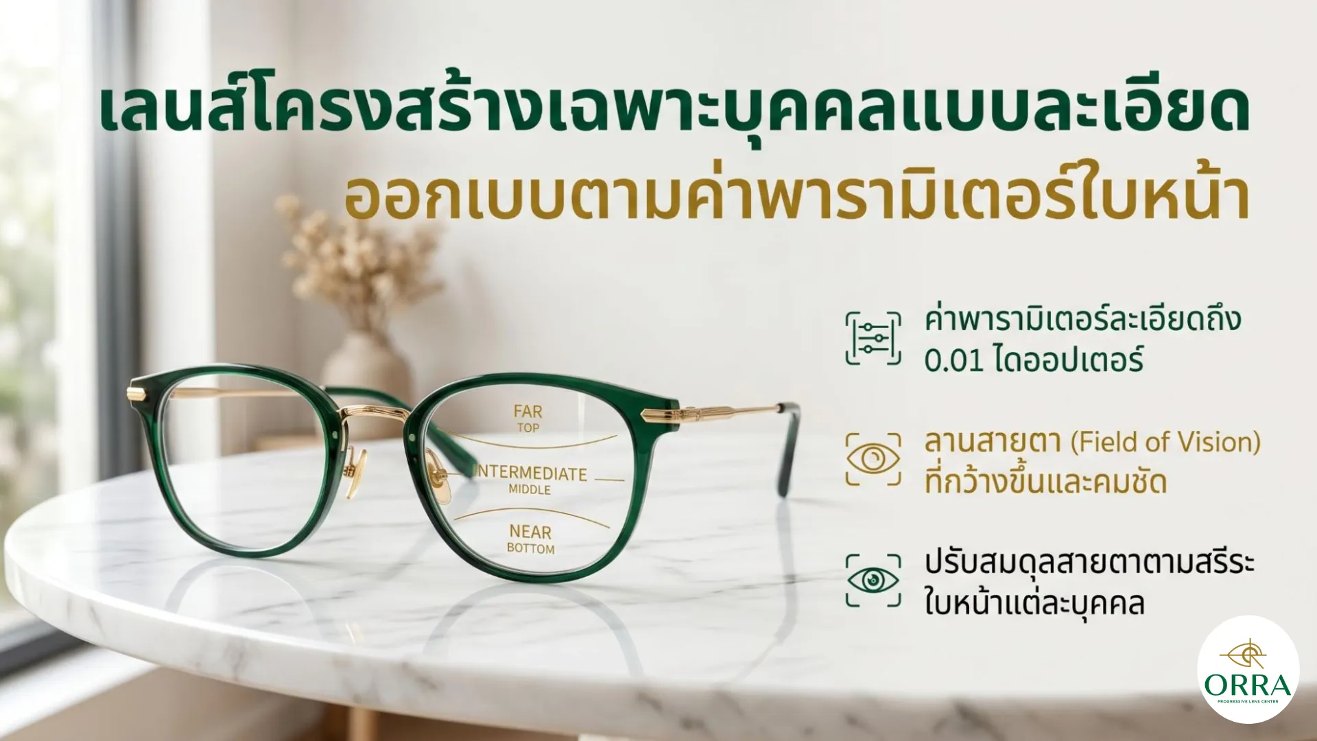 custom progressive lenses eyeglasses แว่นตาเลนส์โปรเกรสซีฟออกแบบโครงสร้างเฉพาะบุคคลกรอบสีเขียวแสดงระยะการมองเห็น