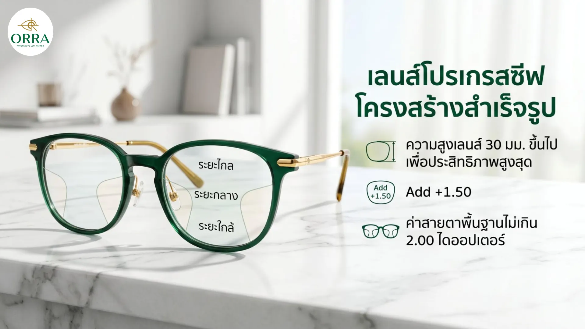 orra progressive lens green glasses structure แว่นตากรอบสีเขียวแสดงโครงสร้างเลนส์โปรเกรสซีฟระยะไกลกลางและใกล้บนโต๊ะหินอ่อน