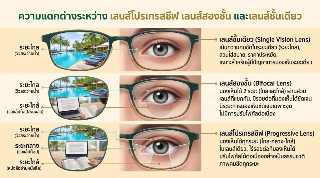 progressive lens comparison guide เปรียบเทียบความแตกต่างและระยะการมองเห็นของเลนส์โปรเกรสซีฟ เลนส์สองชั้น และเลนส์ชั้นเดียว