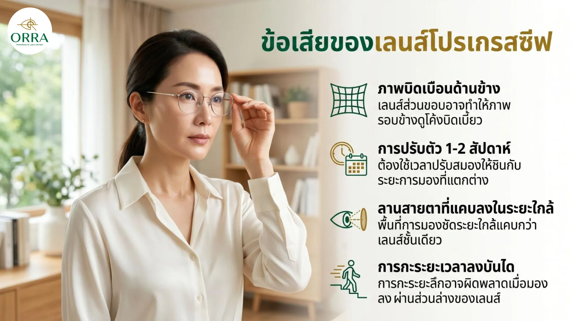progressive lens disadvantages ข้อเสียของเลนส์โปรเกรสซีฟ เช่น ภาพบิดเบี้ยวด้านข้าง ต้องใช้เวลาปรับตัว และลานสายตาระยะใกล้แคบ