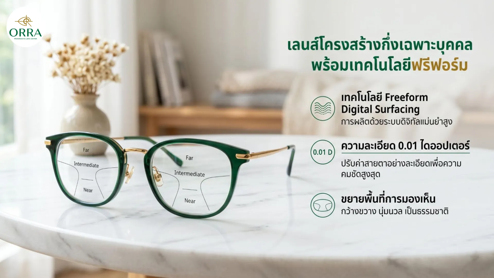 progressive lenses freeform technology แว่นตาเลนส์โปรเกรสซีฟแสดงโครงสร้างระยะการมองเห็นบนเลนส์พร้อมระบุคุณสมบัติเทคโนโลยีฟรีฟอร์ม