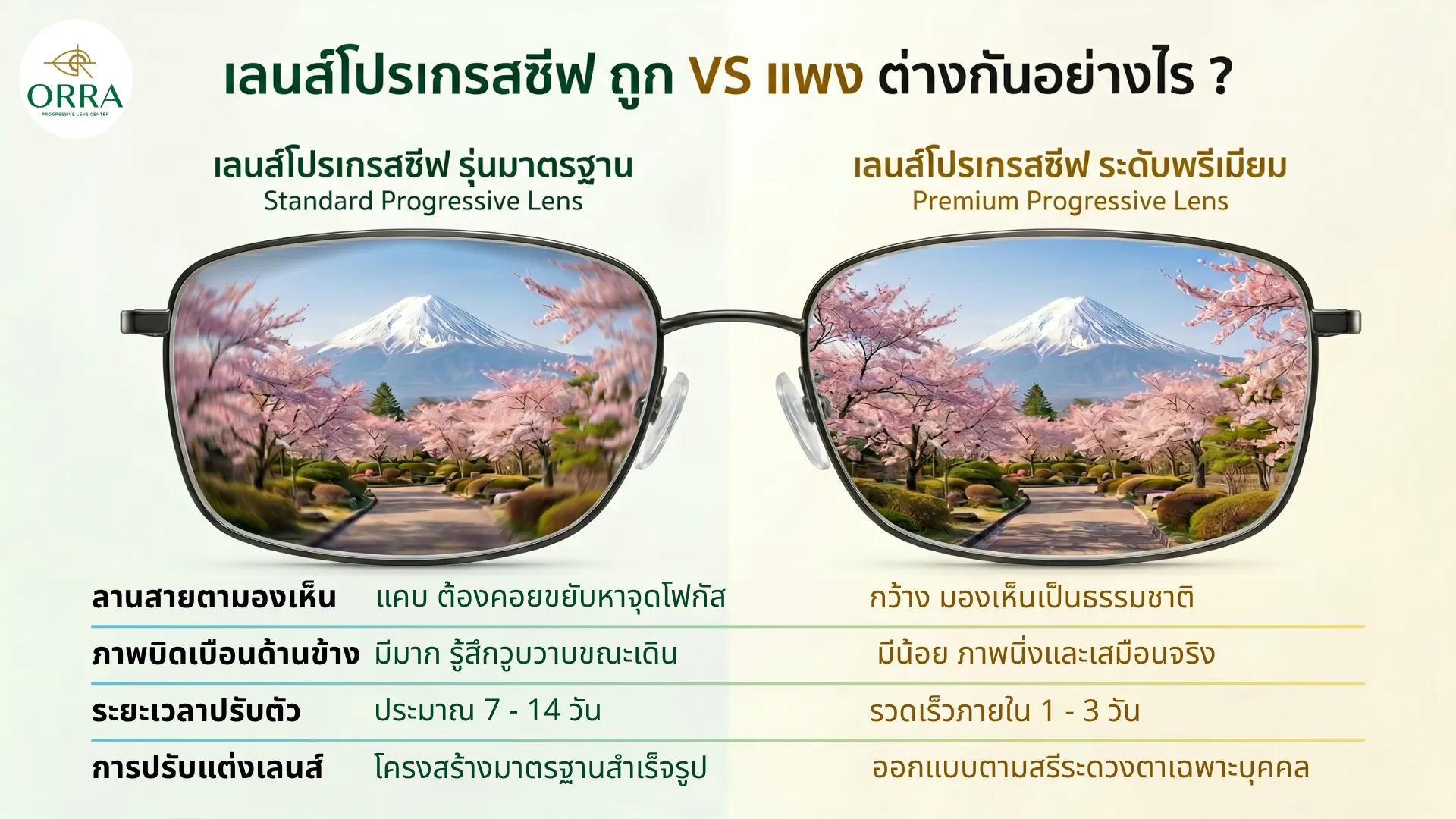 standard premium progressive lens comparison เปรียบเทียบมุมมองและคุณสมบัติของเลนส์โปรเกรสซีฟรุ่นมาตรฐานกับระดับพรีเมียม
