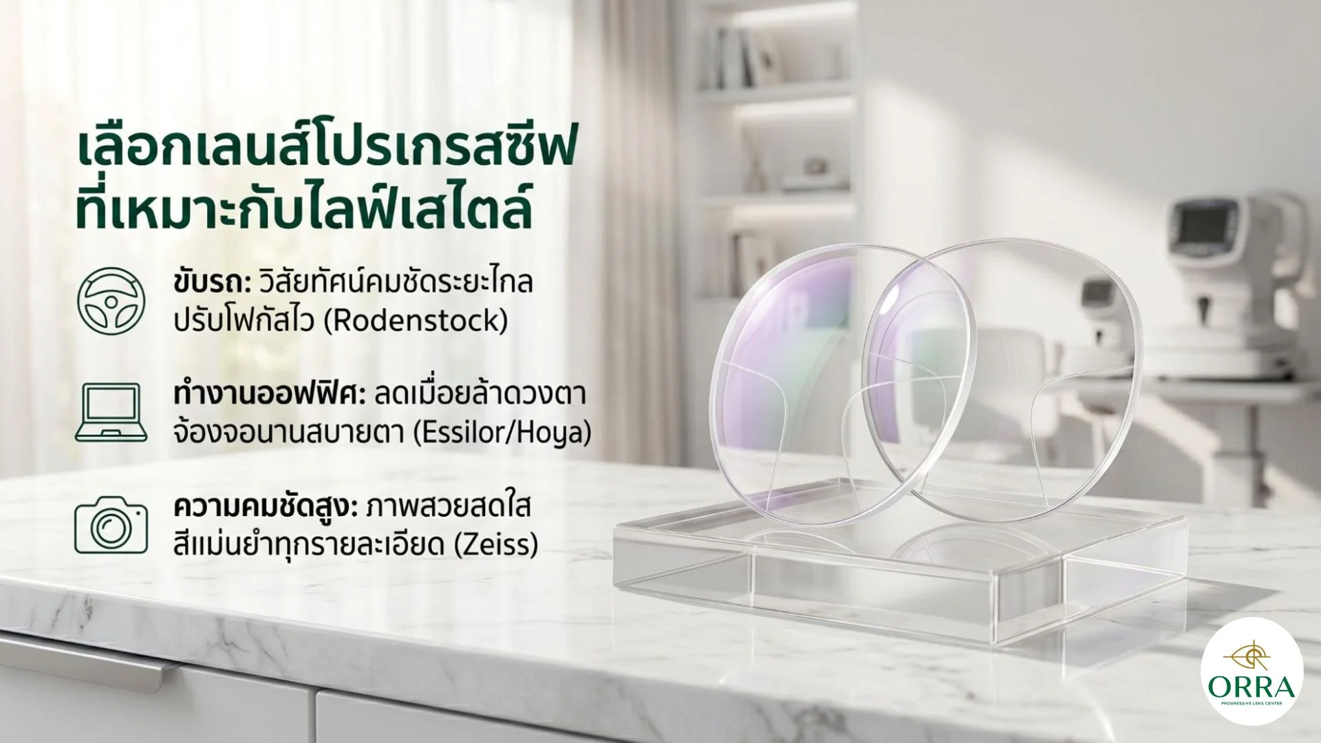 best progressive lens brands guide วิธีเลือกยี่ห้อเลนส์โปรเกรสซีฟให้เหมาะกับการขับรถ การทำงานออฟฟิศ และความต้องการความคมชัดสูง