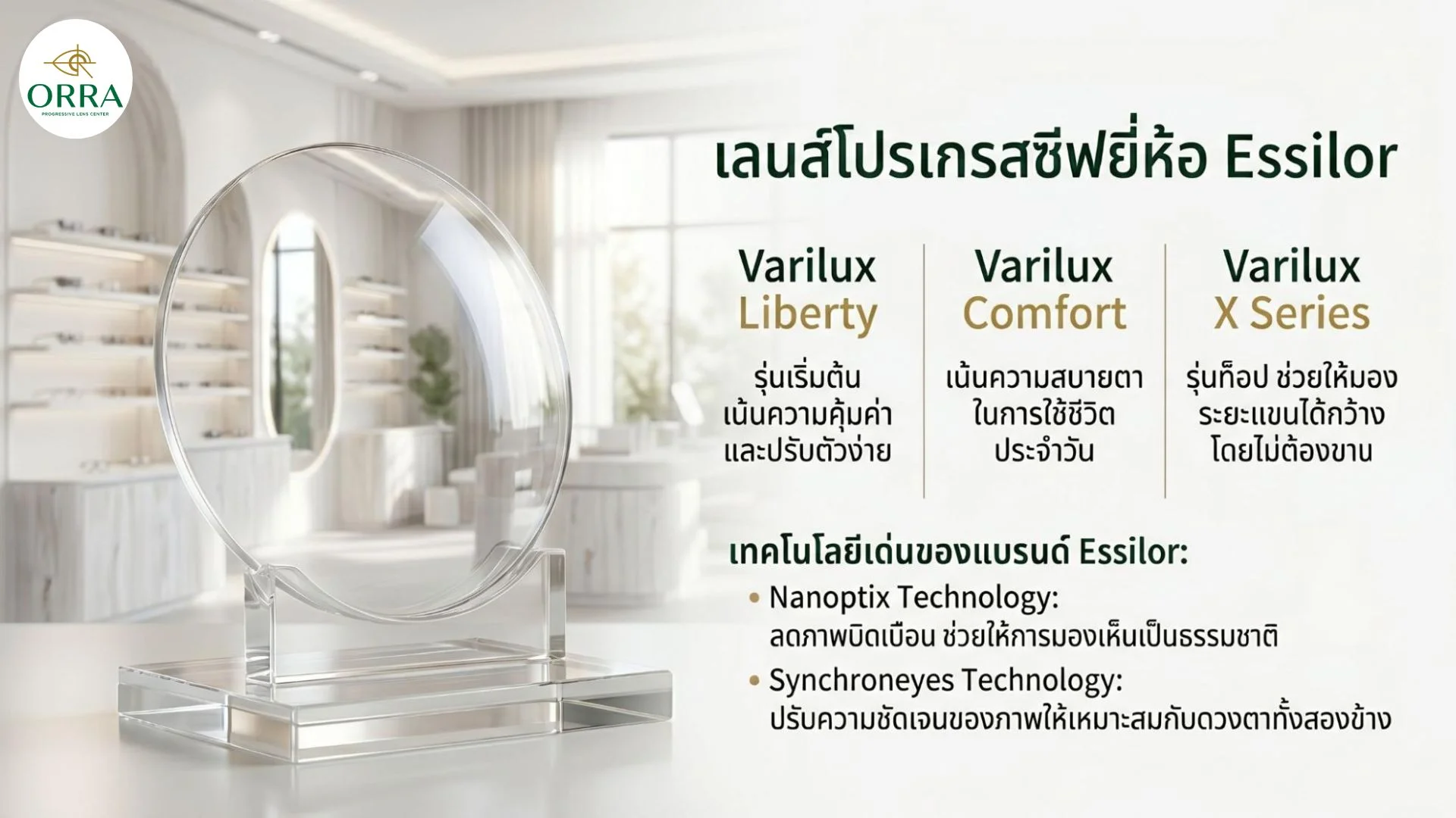 progressive lens brand essilor comparison guide เลนส์โปรเกรสซีฟ Essilor รุ่น Varilux Liberty, Varilux Comfort และ Varilux X Series