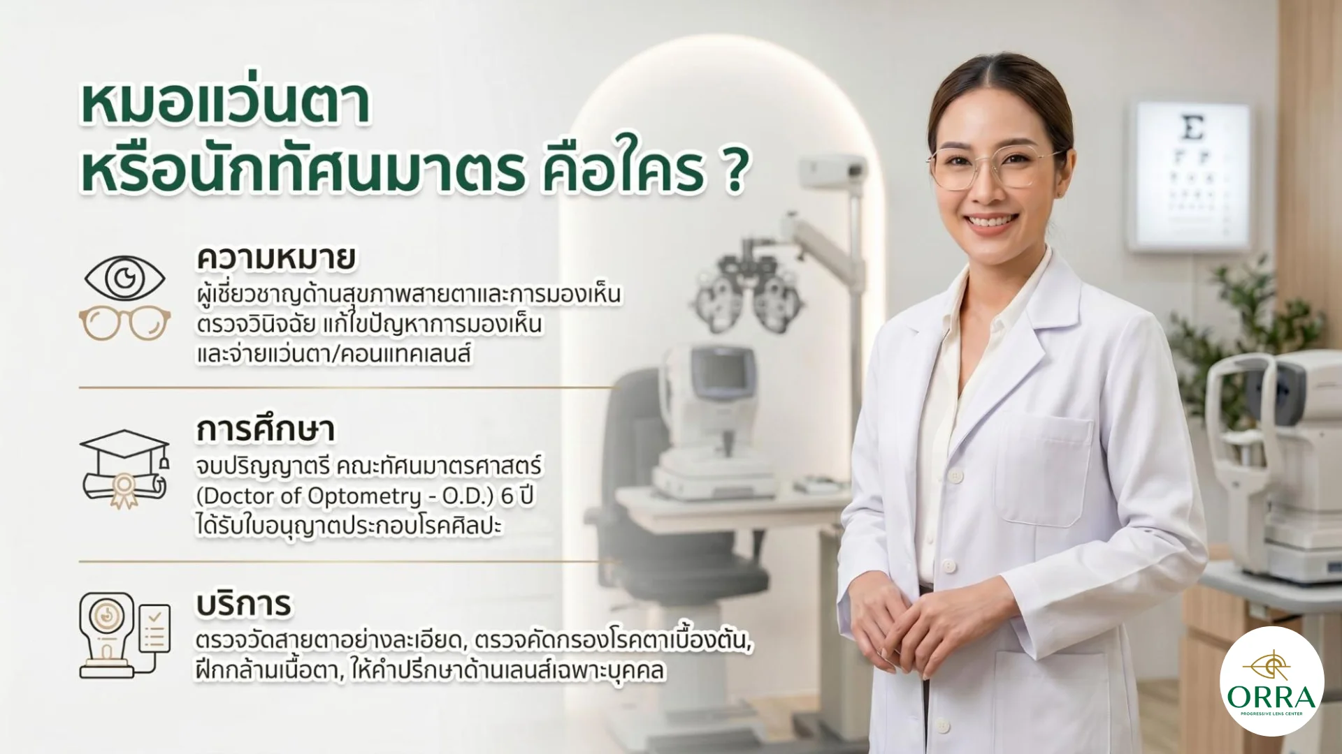 optometrist eye specialist professional doctor นักทัศนมาตรในชุดกาวน์สีขาวในคลินิกสายตา พร้อมข้อมูลหน้าที่และการศึกษาของนักทัศนมาตร