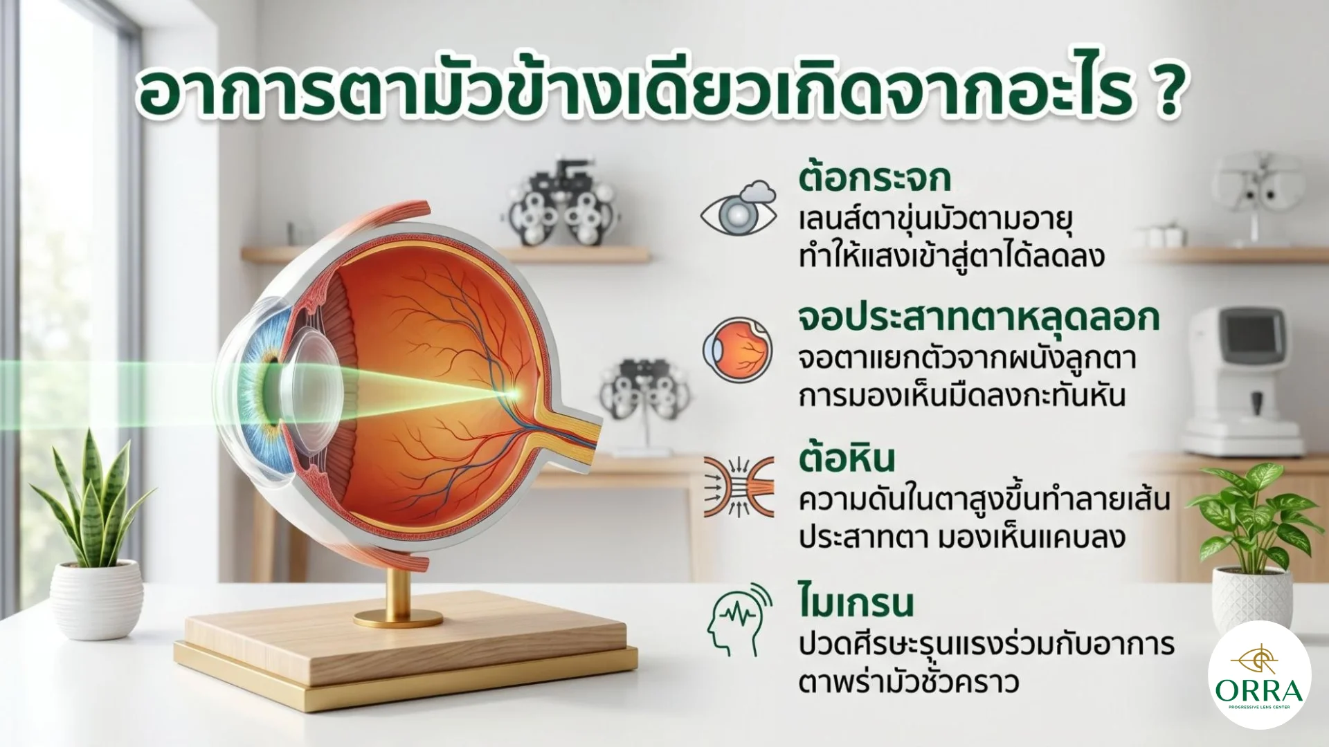 causes of blurred vision eye health สาเหตุของอาการตามัวข้างเดียว ต้อกระจก จอประสาทตาหลุดลอก ต้อหิน และไมเกรน อธิบายด้วยแบบจำลองลูกตา