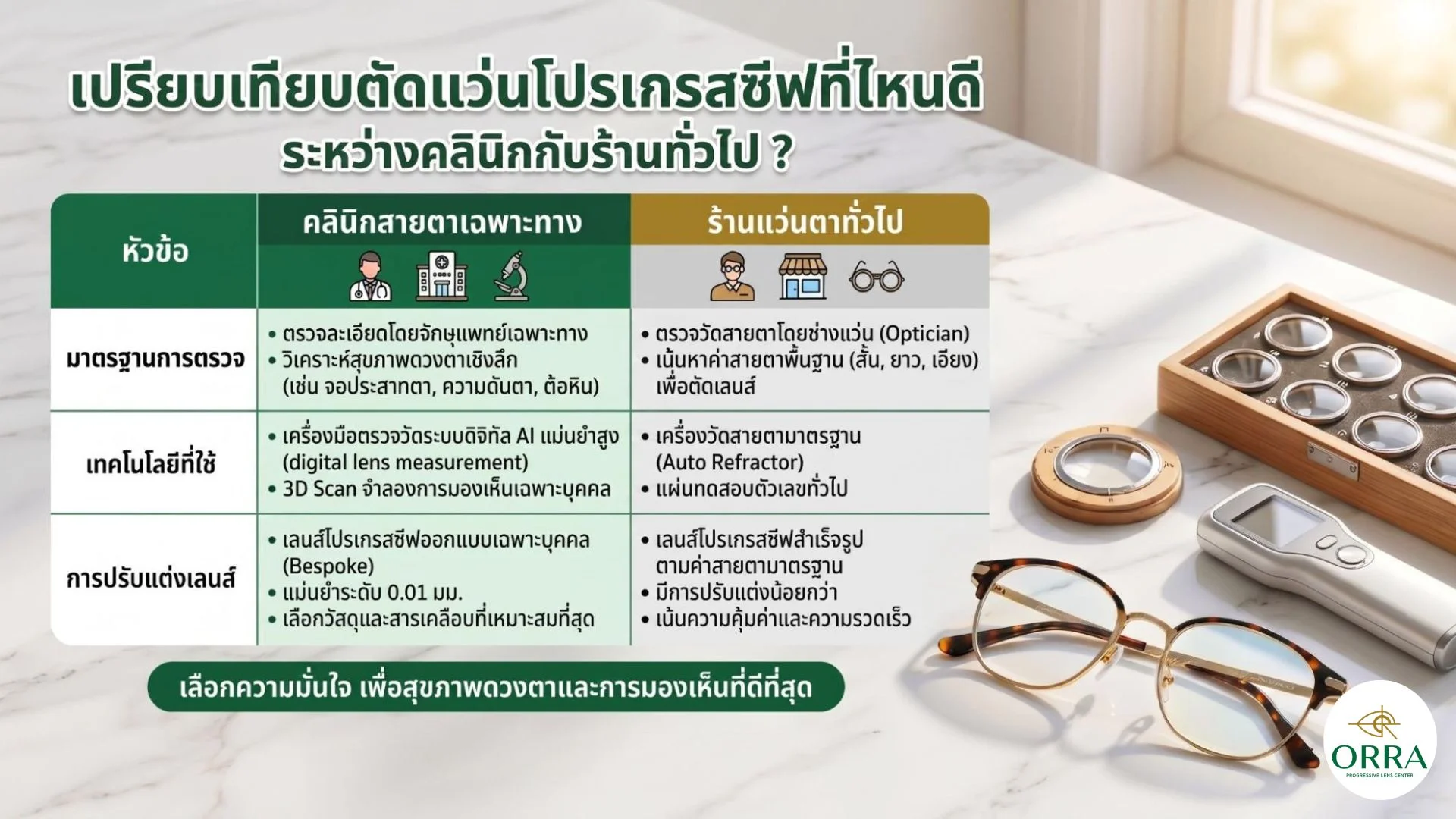 tad wen progressive tee nai dee clinic vs optical shop ตารางเปรียบเทียบคลินิกสายตาเฉพาะทางกับร้านแว่นตาทั่วไป สำหรับการตัดแว่นโปรเกรสซีฟ
