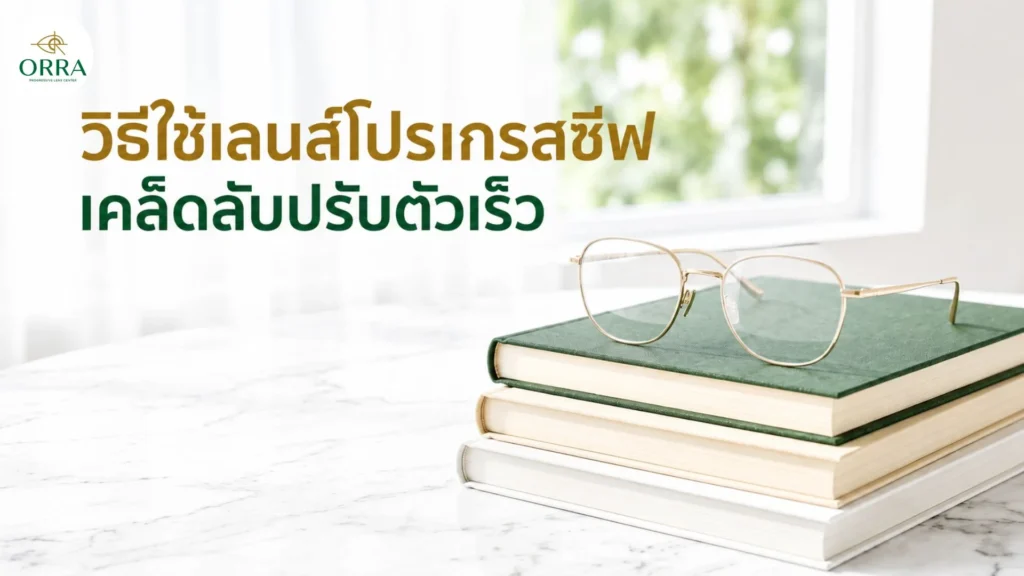 แว่นตาโปรเกรสซีฟวางบนกองหนังสือแสดงเนื้อหาวิธีใช้เลนส์โปรเกรสซีฟและเทคนิคปรับสายตาอย่างรวดเร็ว