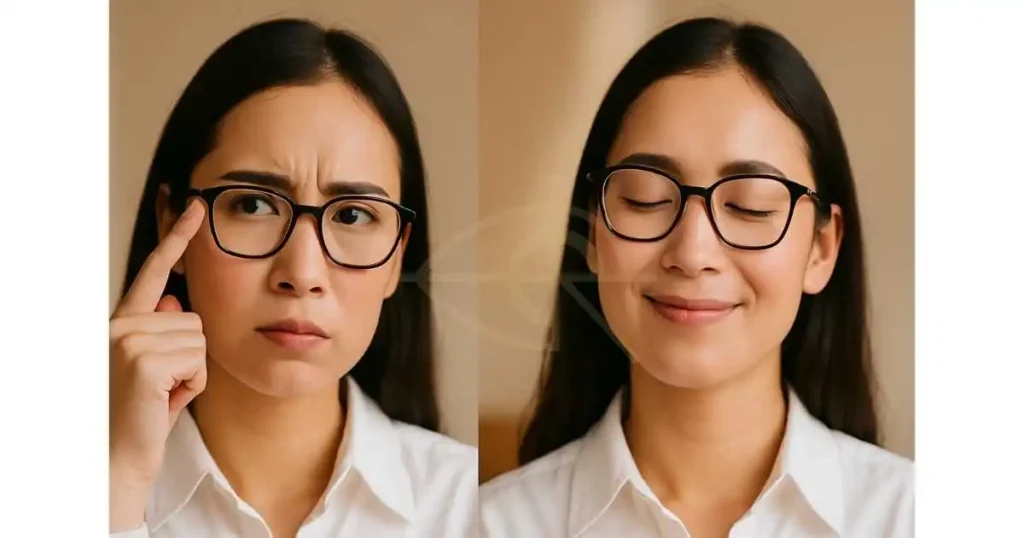 ผู้หญิงวัยทำงานสวมแว่นสายตาท่าทางสงสัย ขณะถอดแว่นออกจากใบหน้า สื่อถึงความเข้าใจผิดว่าใส่แว่นแล้วสายตาแย่ ทั้งที่เป็นเพียงความเคยชินกับความชัดเจนของภาพ