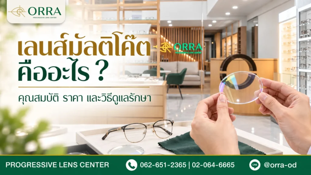 มือถือเลนส์มัลติโค๊ตที่สะท้อนแสงสีรุ้ง วางคู่กับแว่นตาบนโต๊ะในร้าน ORRA